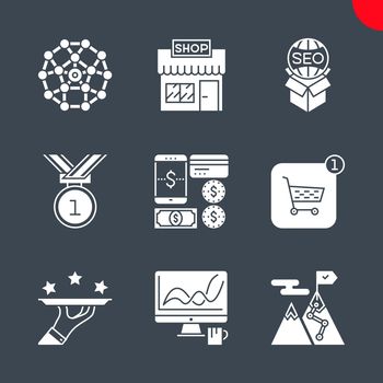 SEO Glyph Icons Set. SEO Related Vector Line Icons. Strategy for victory, dashboard, premium services, order, network, payment method, award, store, services packages.