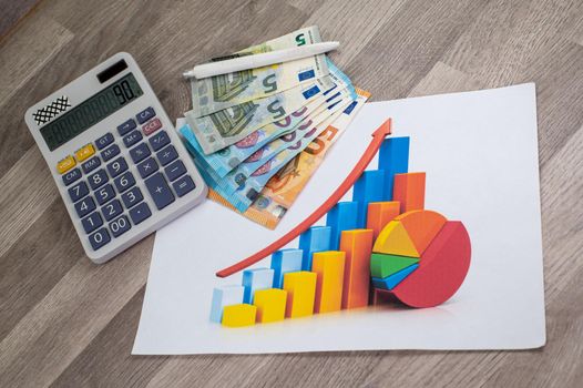 business in the office with euro banknotes and calculator on the table charts and objects