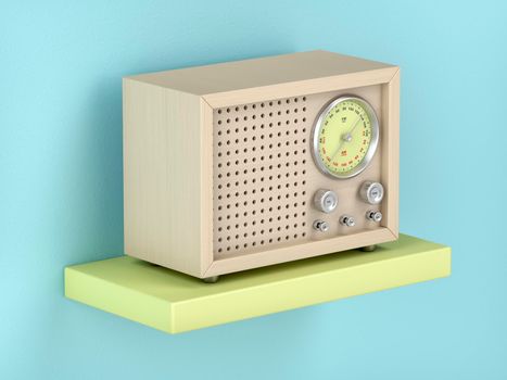 Wooden retro radio on shelf