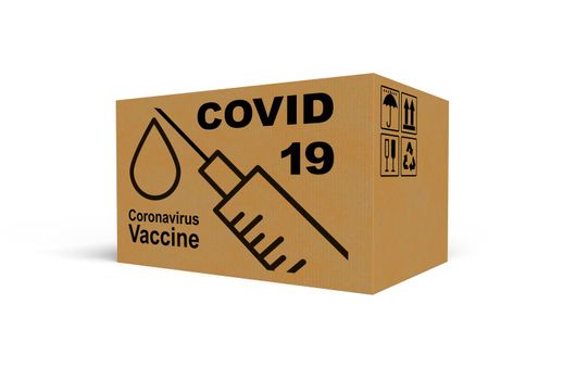 Big cardboard box with coronavirus vaccine on white background. 3D rendering