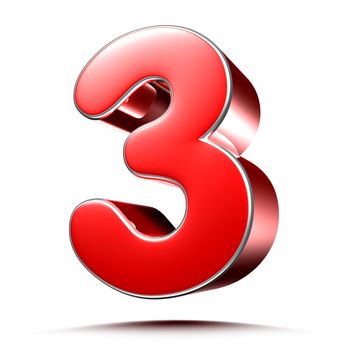 Red numbers 3 on white background 3D rendering with clipping path.