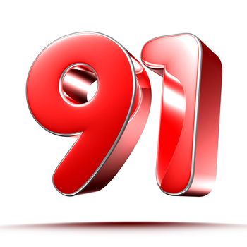Red numbers 91 on white background 3D rendering with clipping path.
