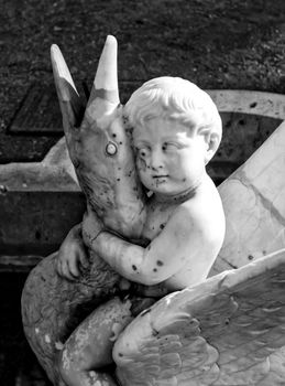 Beautiful Marble angel and fish statue in the garden under the sun