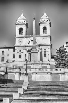 Church of Trinita dei Monti, iconic landmark at the top of the Spanish Steps in Piazza di Spagna, one of the most famous squares in Rome, Italy