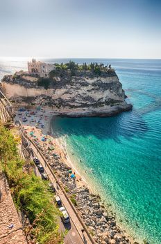 View over Isola Bella Beach, iconic seaside place in Tropea, a seaside resort located on the Gulf of Saint Euphemia, part of the Tyrrhenian Sea, Calabria, Italy