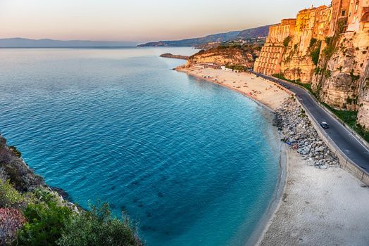 Scenic view over the main beach in Tropea, a seaside resort located on the Gulf of Saint Euphemia, part of the Tyrrhenian Sea, Calabria, Italy