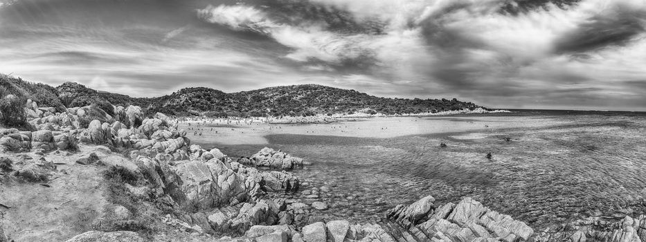 Panoramic view of the iconic Spiaggia del Principe, one of the most beautiful beaches in Costa Smeralda, Sardinia, Italy