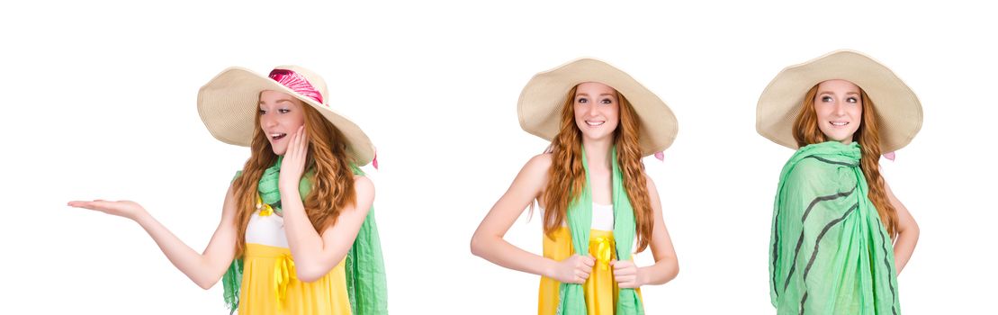 Young woman in yellow summer dress isolated on white