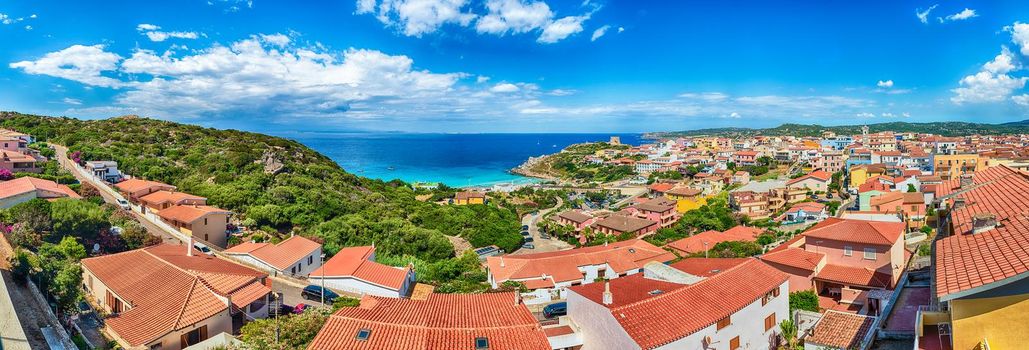 Scenic aerial view over the town of Santa Teresa Gallura, located on the northern tip of Sardinia, on the Strait of Bonifacio, in the province of Sassari, Italy