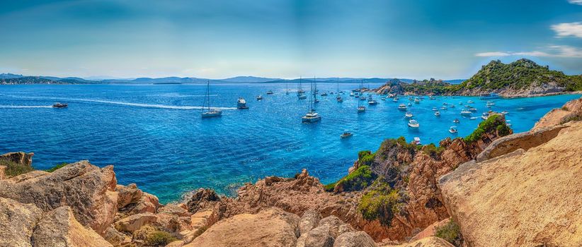 Scenic panoramic view over the picturesque Cala Corsara in the island of Spargi, one of the highlights of the Maddalena Archipelago, Sardinia, Italy