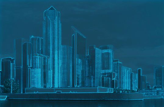 3d rendering of city downtown landscape with high skyscrapers and subway