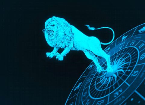 Lion in Horoscope circle dark blue background, Leo zodiac symbol.