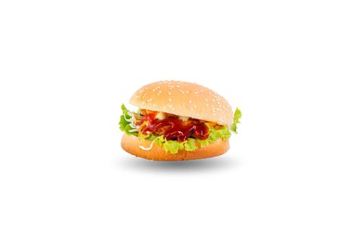 Chicken hamburger with vegetables isolated on white background