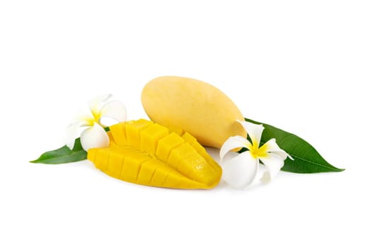 Yellow ripe mangoes and green leaf with flower on white background