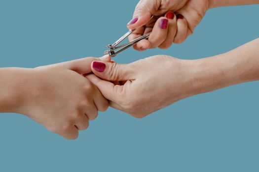 Woman hand is using a nail clipper to cut a children fingernails isolated on blue pastel color background