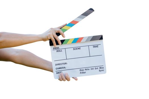 Hand holding film slate colors board for movie cinema and television on white background