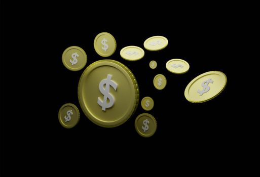 Abstract floating us dollar coin Black background isolated
Concept of currency analysis from economic fluctuations in export trade, global market valuation 3D rendering.