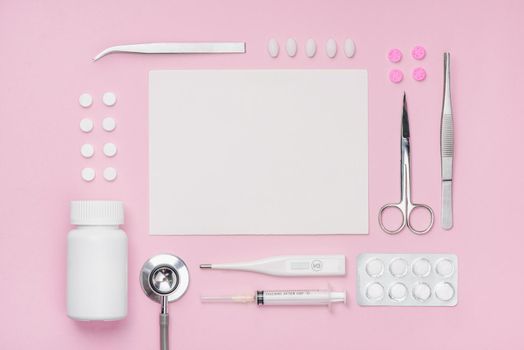 Medical equipment.  Medical concept on pink rose background