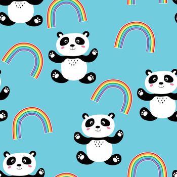 Seamless pattern with cute panda baby and rainbow on color background. Funny asian animals. Card, postcards for kids. Flat vector illustration for fabric, textile, wallpaper, poster, print.
