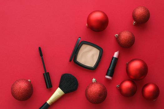 Cosmetic branding, fashion blog cover and girly glamour concept - Make-up and cosmetics product set for beauty brand Christmas sale promotion, luxury red flatlay background as holiday design