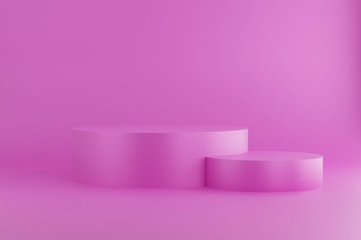 3d render of empty pink stand step design for product display, 3 cylinders, abstract minimal concept, blank space, simple clean design, luxury minimalist mockup