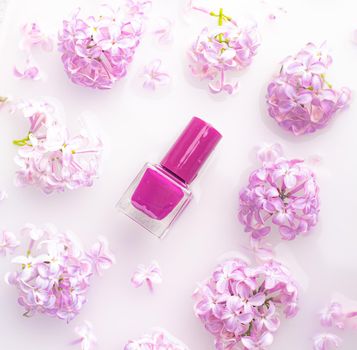 Lilac nail polish and a branch of lilac . A bottle of nail polish without a name. The concept of advertising the products of lacquers . Beauty and fashion. Nail care. Spring