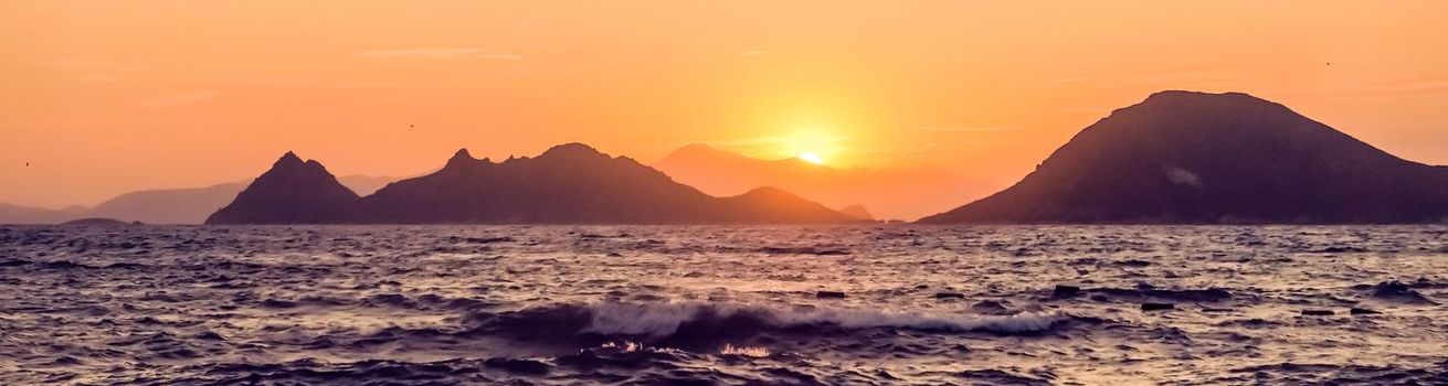 Nature, twilight and vintage beach holiday concept - Summer sunset at the Mediterranean sea coast, seascape and mountain view