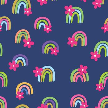 Trendy seamless pattern with colorful rainbow, flowers on color background. Design for invitation, poster, card, fabric, textile, fabric. Cute holiday illustration for baby. Doodle style.