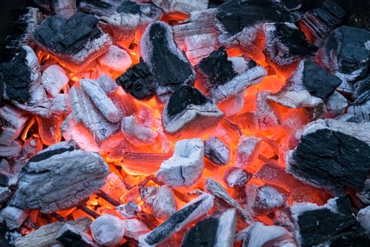 A closeup of glowing and flaming pieces of coal. Ready to start a barbecue.