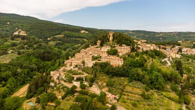 Stunning aerial view of the medieval Tuscan village of Cetona, elected one of the most beautiful villages in Italy.