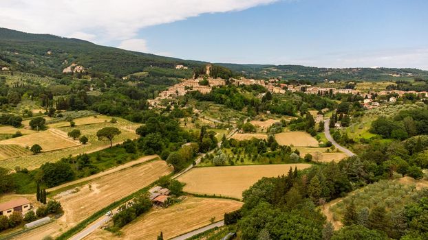 Stunning aerial view of the medieval Tuscan village of Cetona, elected one of the most beautiful villages in Italy.