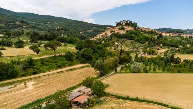 Stunning aerial view of the medieval Tuscan village of Cetona, elected one of the most beautiful villages in Italy.