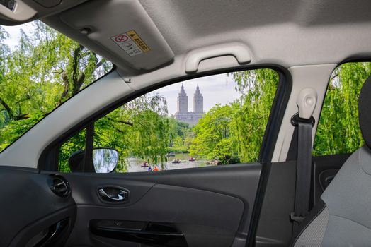 Looking through a car window with view of Central Park, Manhattan, New York, USA