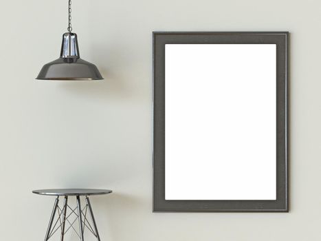 Black picture frame with lamp and empty side table mock up poster 3D render illustration
