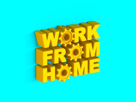 Work from home Yellow extruded text 3D render illustration isolated on blue background