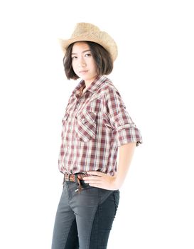 Young pretty woman in a cowboy hat and plaid shirt with isolated on white background