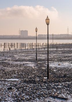 Installation on a Salty drying lake Kuyalnik near Odessa, Ukraine, on a cold winter morning