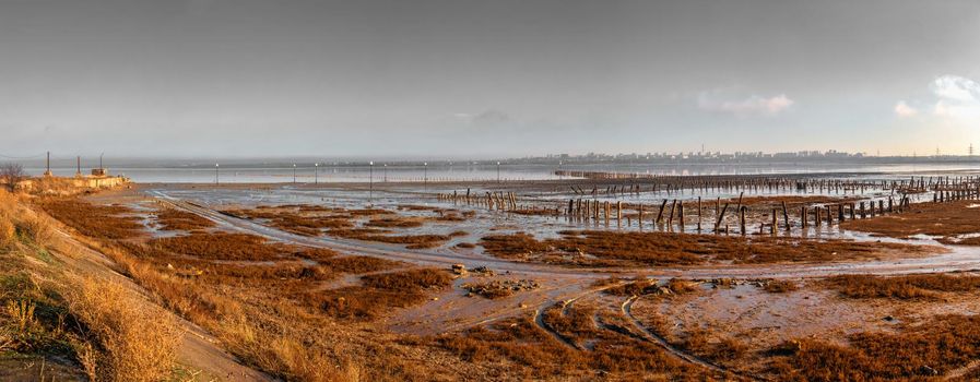 Installation on a Salty drying lake Kuyalnik near Odessa, Ukraine, on a cold winter morning