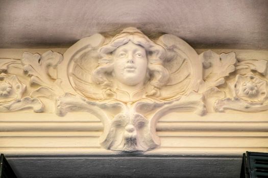 Beautiful old carved stone facade in Madrid