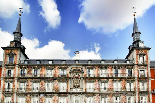 Beautiful main square in Madrid called Plaza Mayor with its majestic facades in a sunny day of Spring