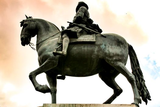Beautiful equestrian statue of Felipe III in the main square in Madrid called Plaza Mayor