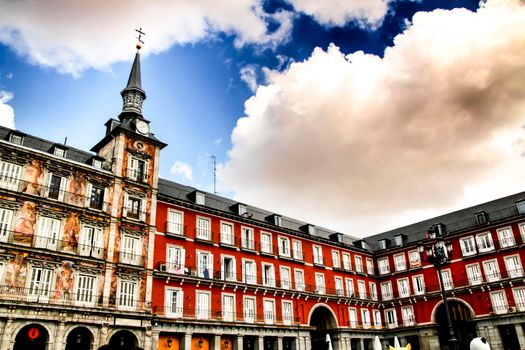 Beautiful main square in Madrid called Plaza Mayor with its majestic facades in a sunny day of Spring