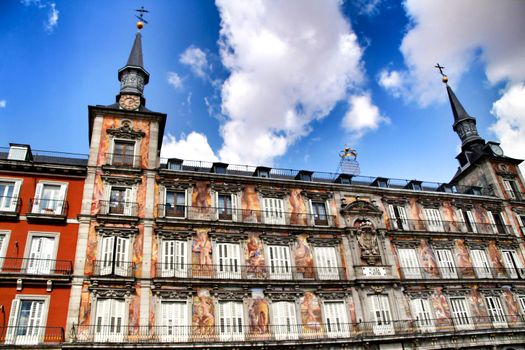 Beautiful main square in Madrid called Plaza Mayor with its majestic facades in a sunny day of Spring