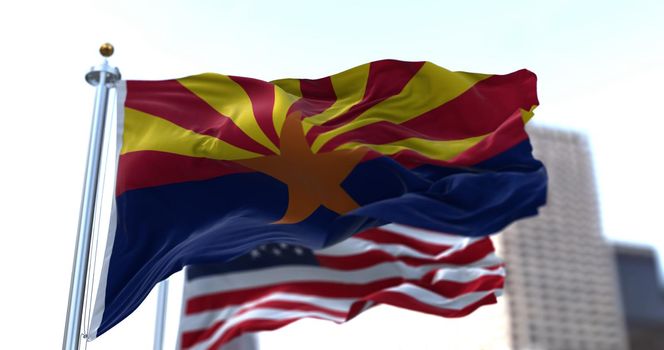 The flags of the Arizona state and United States waving in the wind. Democracy and independence. American state. Seamless 3D animation