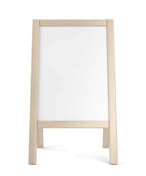 Blank advertising stand with wooden frame on white background

