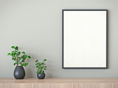 Mock up blank black picture frame with two plants 3D render illustration