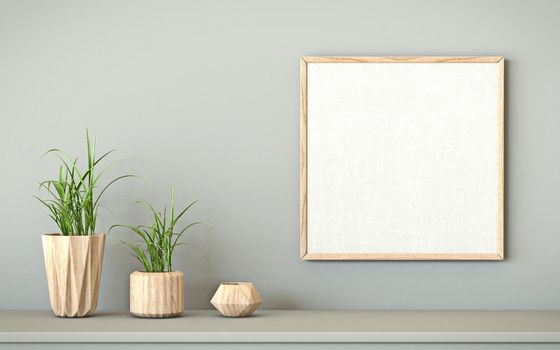 Mock up blank wooden picture frame with three vases 3D render illustration