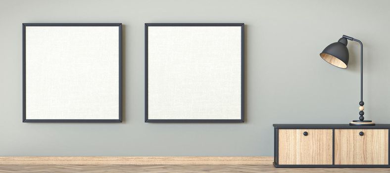 Mock up two square blank picture frames and electric lamp 3D render illustration