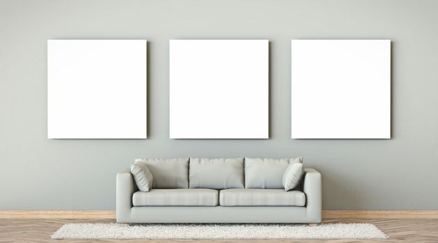 Mock up three blank picture frames with beige sofa 3D render illustration