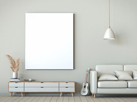 Mock up blank picture frame with ukulele, sofa and wooden stand 3D render illustration